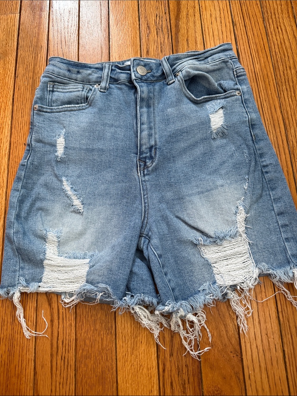 High-Rise Distressed Light Blue Denim Shorts for Women